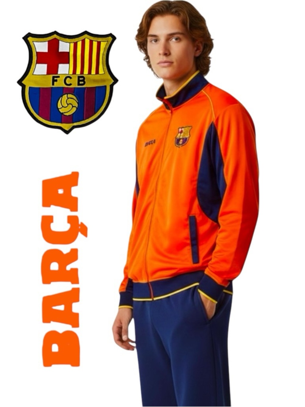 BARCELONA FC Futbol  Soccer Team Track Jacket Orange Full Zip Men's Sz L